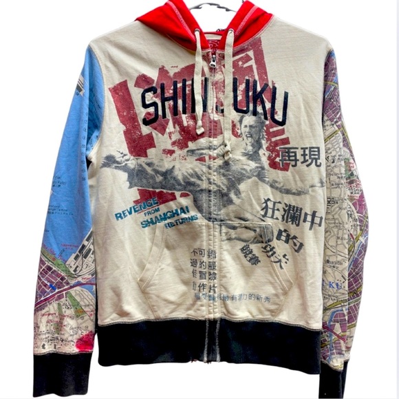 Lucky Brand Tops - Vintage Y2K Lucky Brand Japan City Map Pattern Graphic Zip Hoodie Pockets Sz L